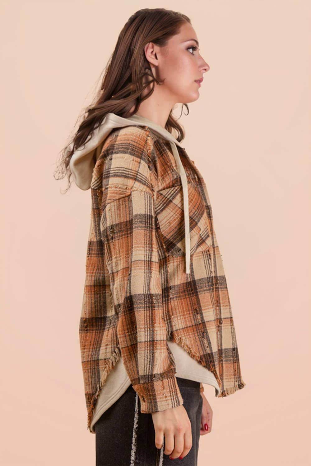 Oversized Flannel Hooded Button Down Jacket: CARAMEL MIX
