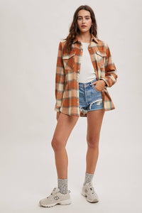 BUTTON DOWN FLANNEL SHACKET JACKET WITH POCKETS: PUMPKIN