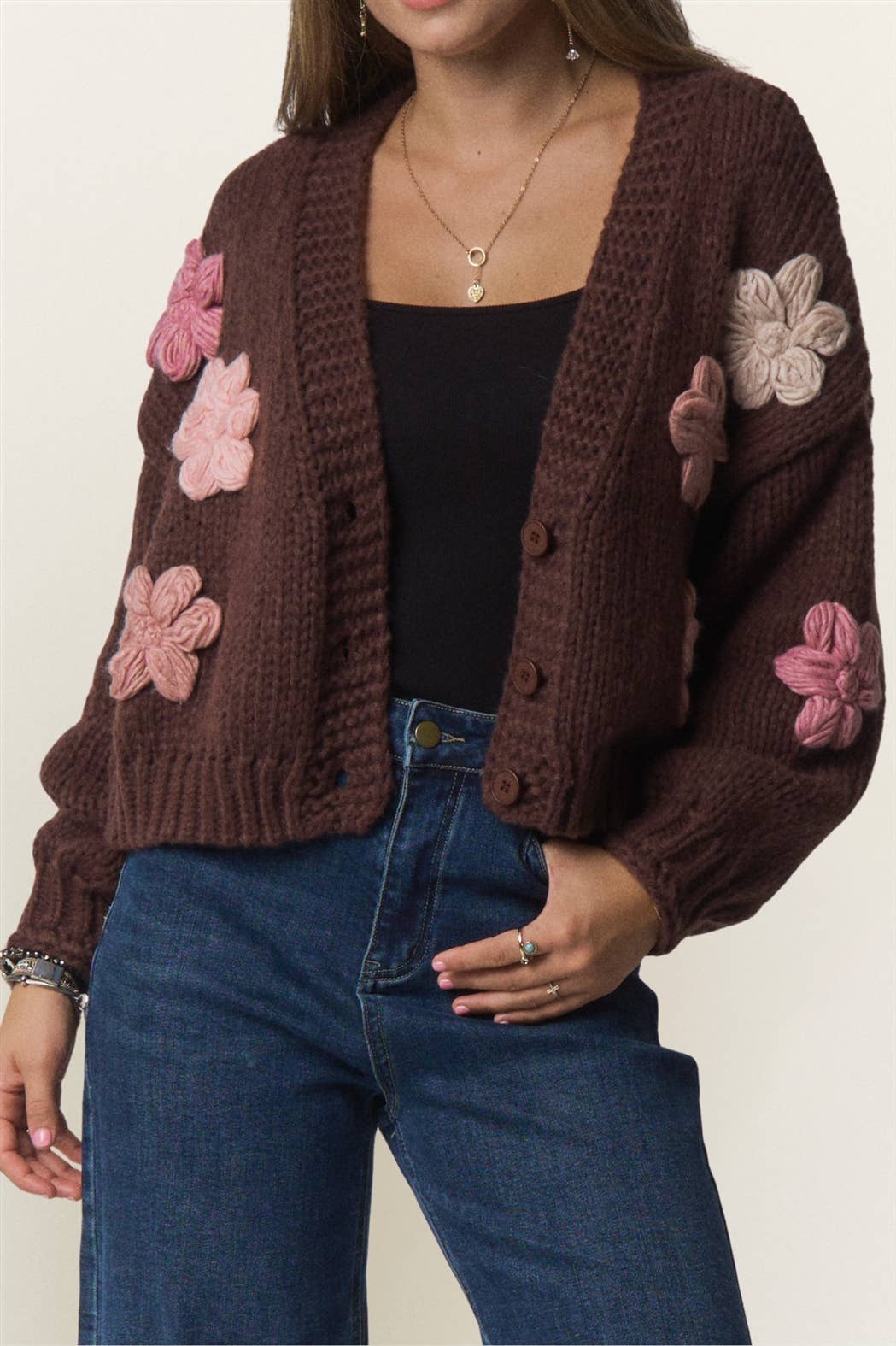 CHUNKY FLORAL CHIC KNIT CARDIGAN: KHAKI