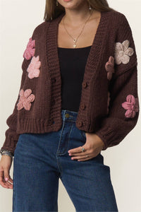 CHUNKY FLORAL CHIC KNIT CARDIGAN: KHAKI