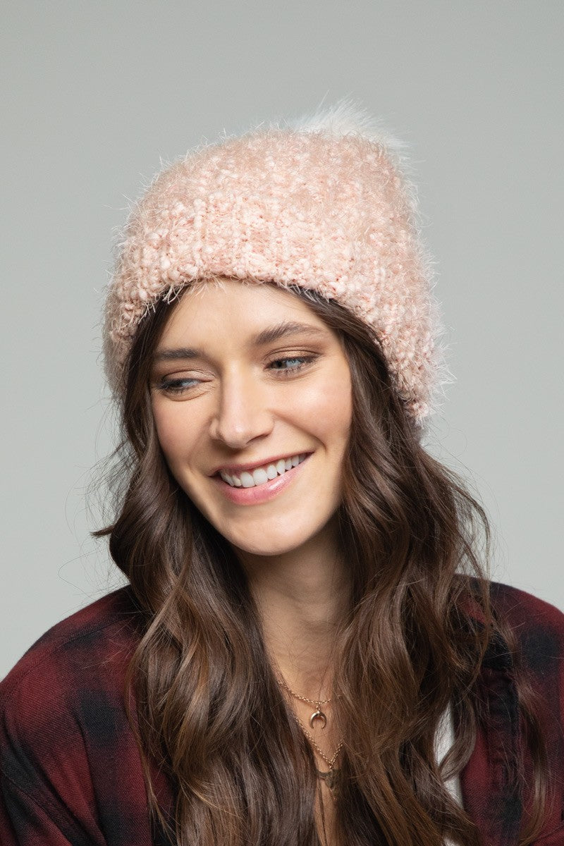 Pink Feather Knit beanie with pom * on sale