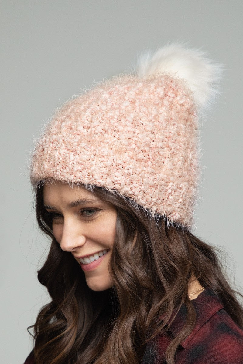 Pink Feather Knit beanie with pom