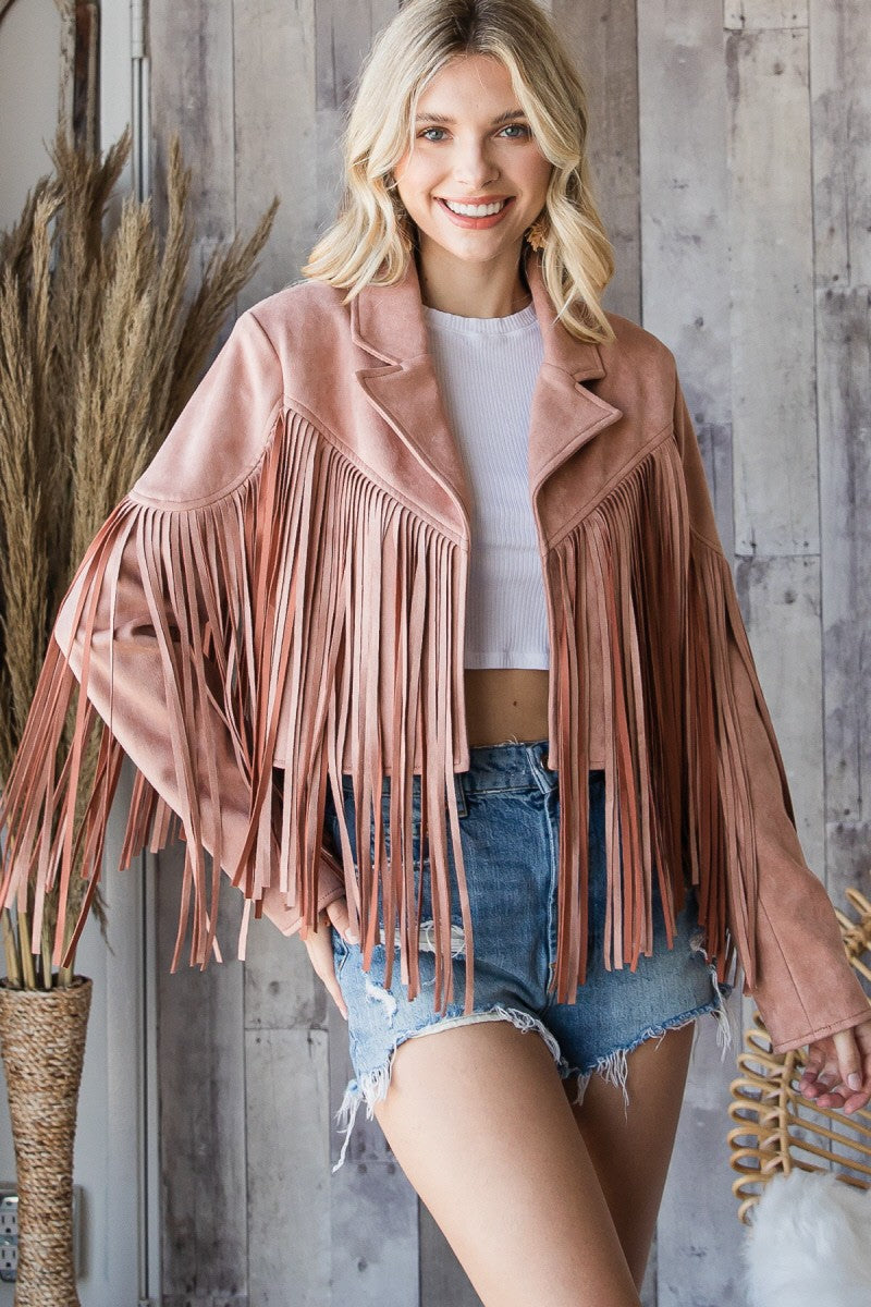 Courtney Fringed Suede Jacket in Blush