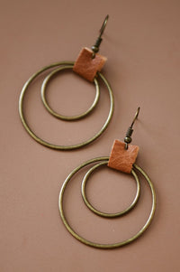 Worn Bronze Hoop with Leather Accent  Earring Set