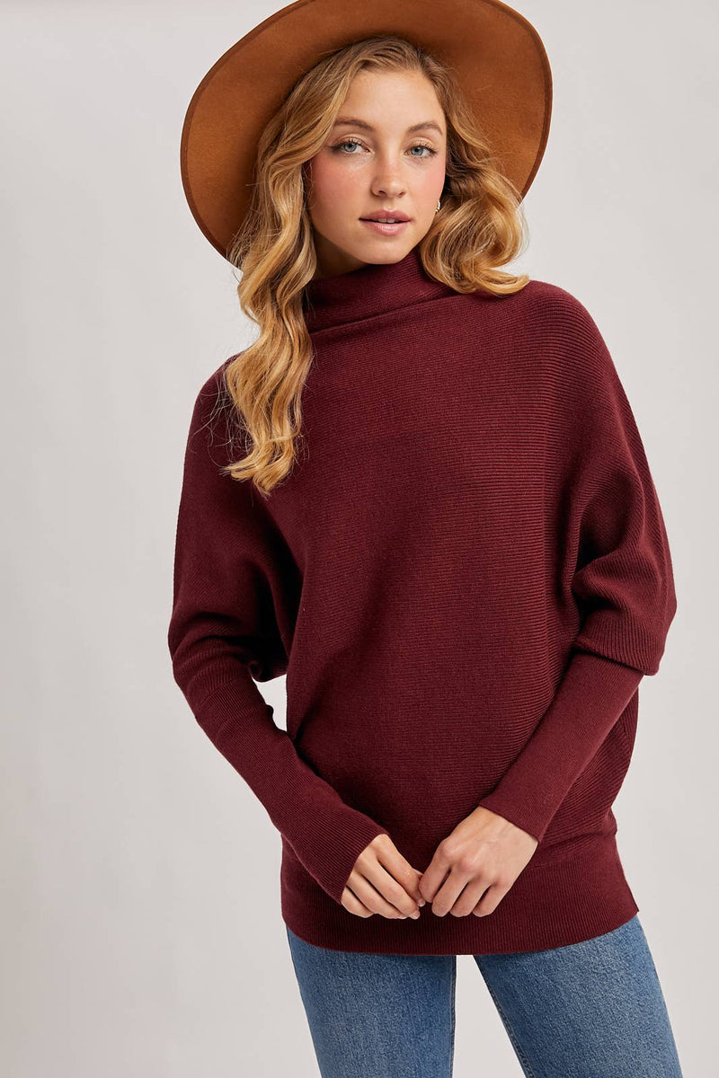 SLOUCH NECK DOLMAN SLEEVED PULLOVER: MAROON