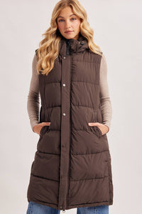 DETACHABLE HOOD ZIPPER LONGLINE QUILTED PUFFER VEST JACKET : ASH BROWN