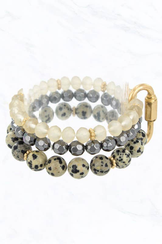 Stone and Metal Beaded Multi Stretch Bracelet: Dalmatian