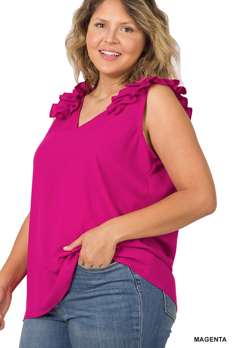 Magenta Ruffle Sleeve Tank Top Blouse 1X-3X * on sale