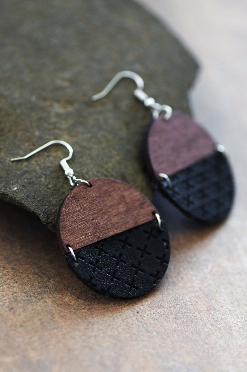 Boho black leather and wood earring set