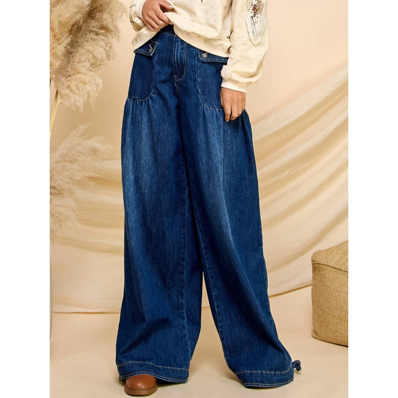 Ankle Drawstring Wide Denim Pants: Dark Wash