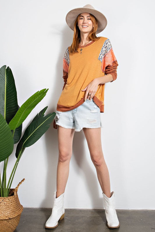 Boho Raglan Floral Mix Long Sleeve in rust