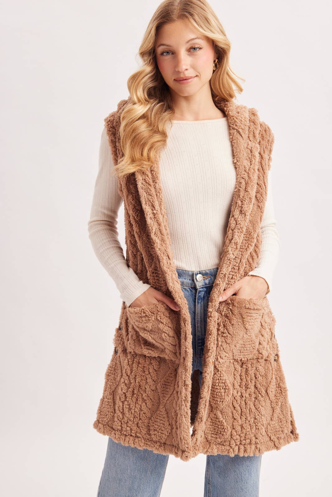 BOUCLE CABLE KNIT SWEATER HOODED VEST