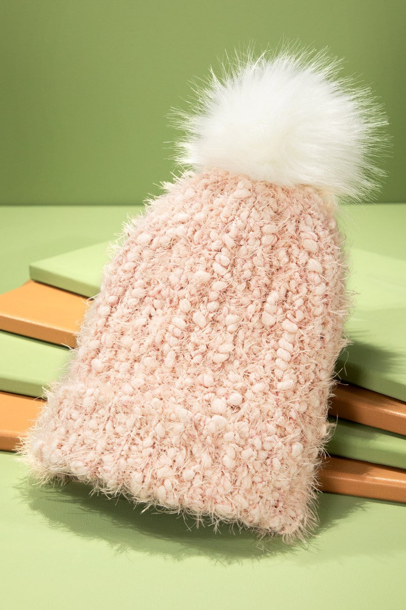 Pink Feather Knit beanie with pom