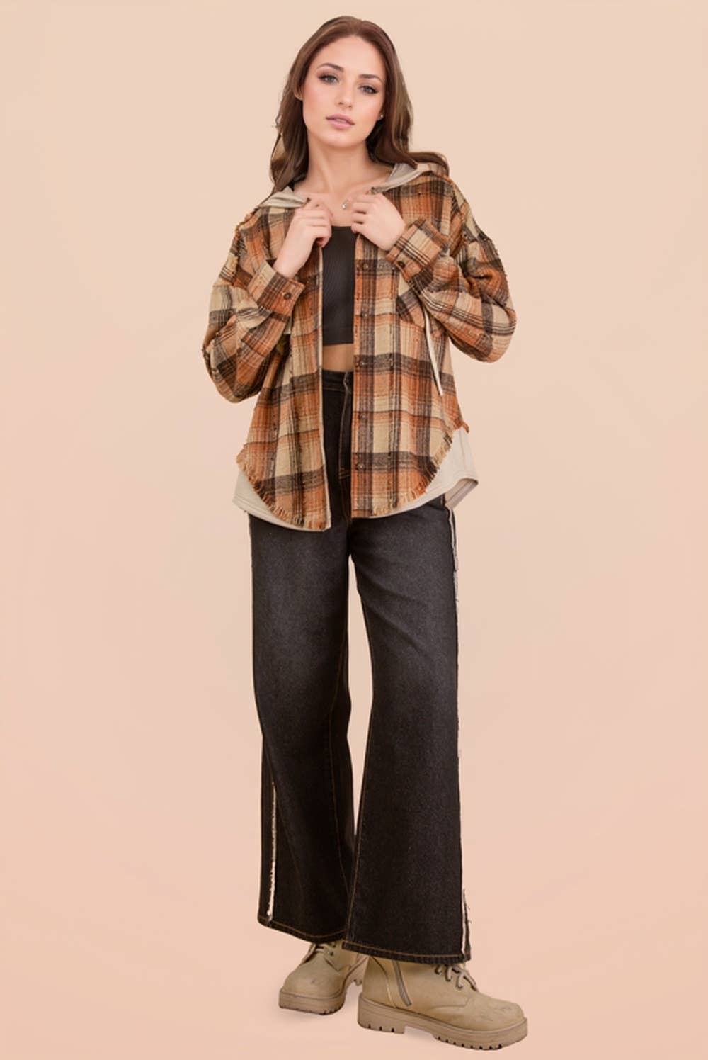 Oversized Flannel Hooded Button Down Jacket: CARAMEL MIX