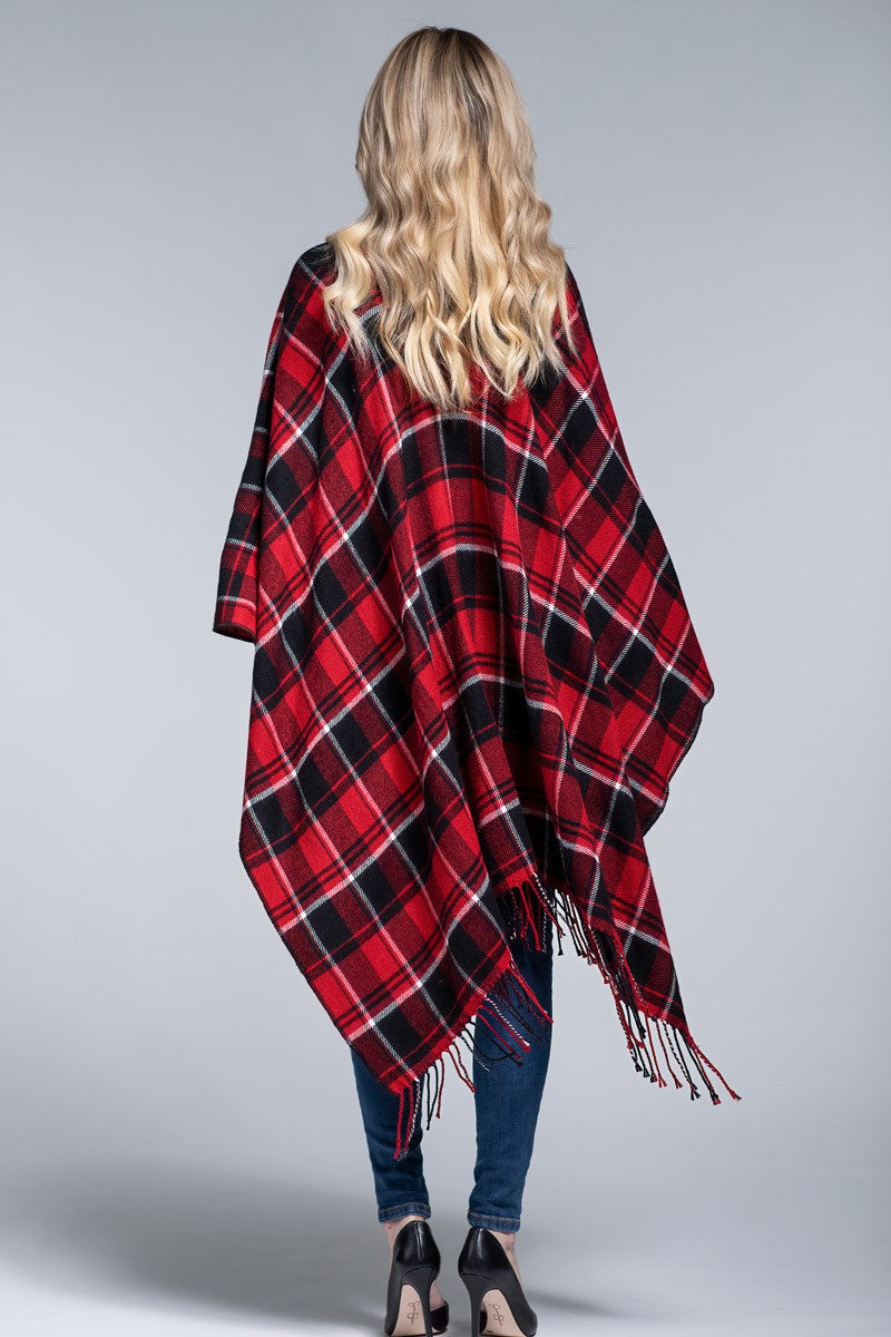 Red & Black Plaid Open Front Ruana