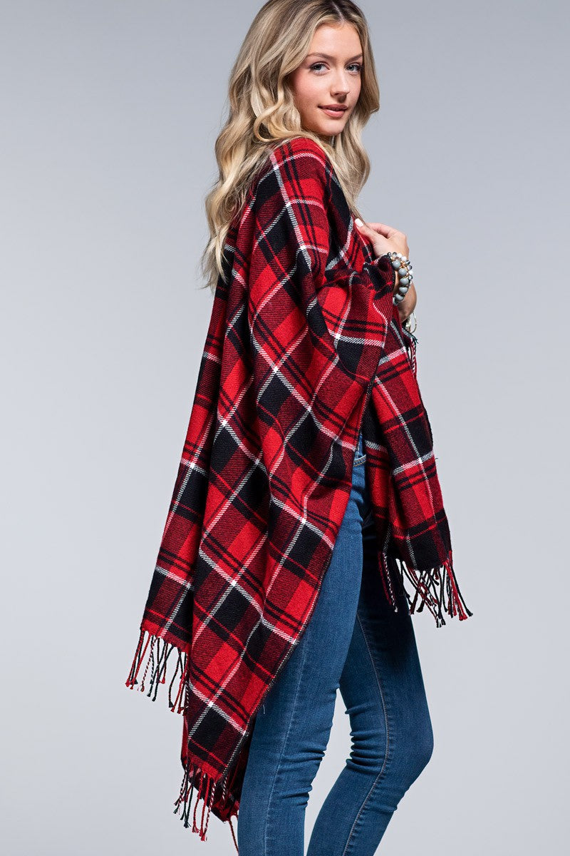 Red & Black Plaid Open Front Ruana