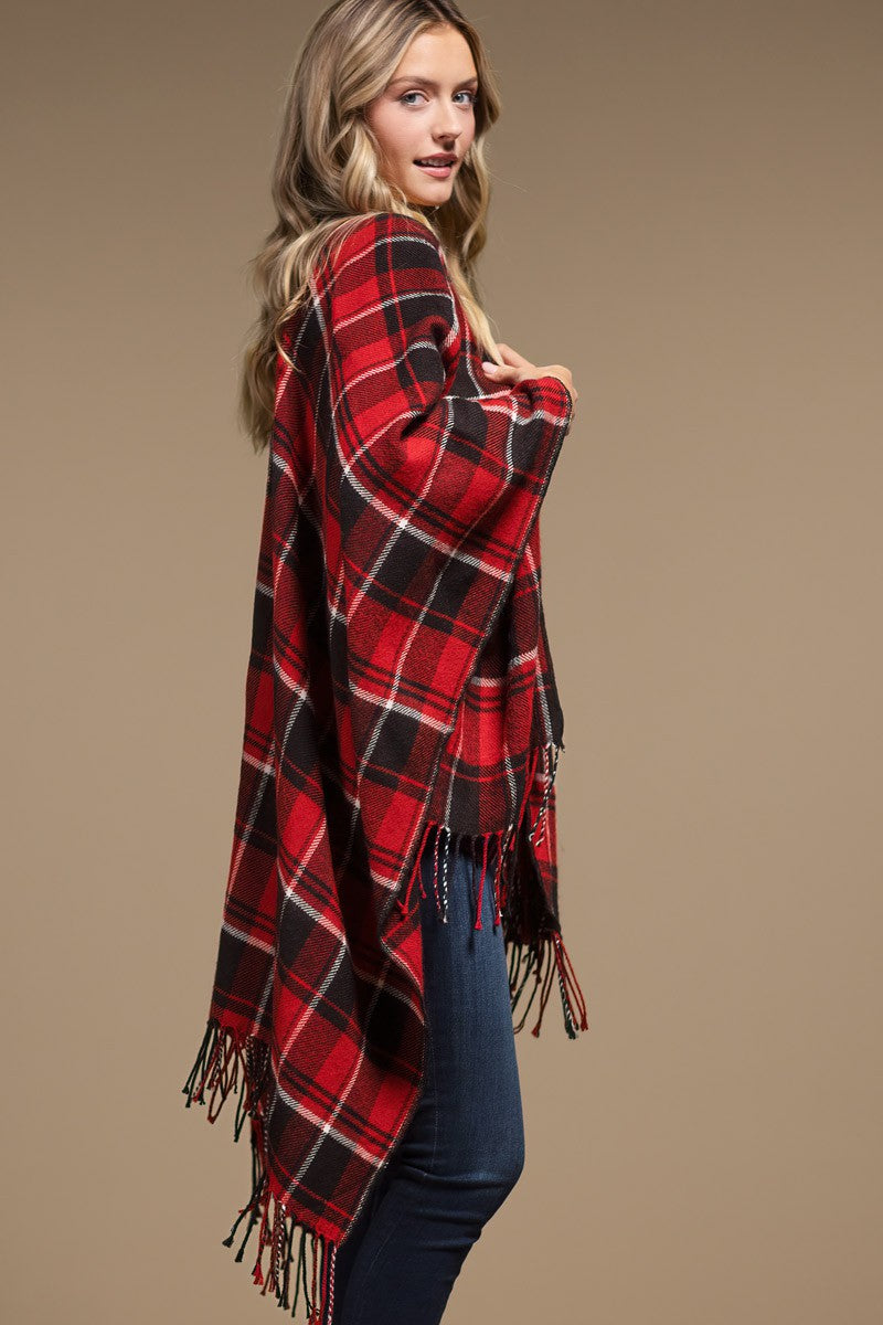 Red & Black Plaid Open Front Ruana