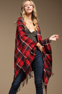 Red & Black Plaid Open Front Ruana