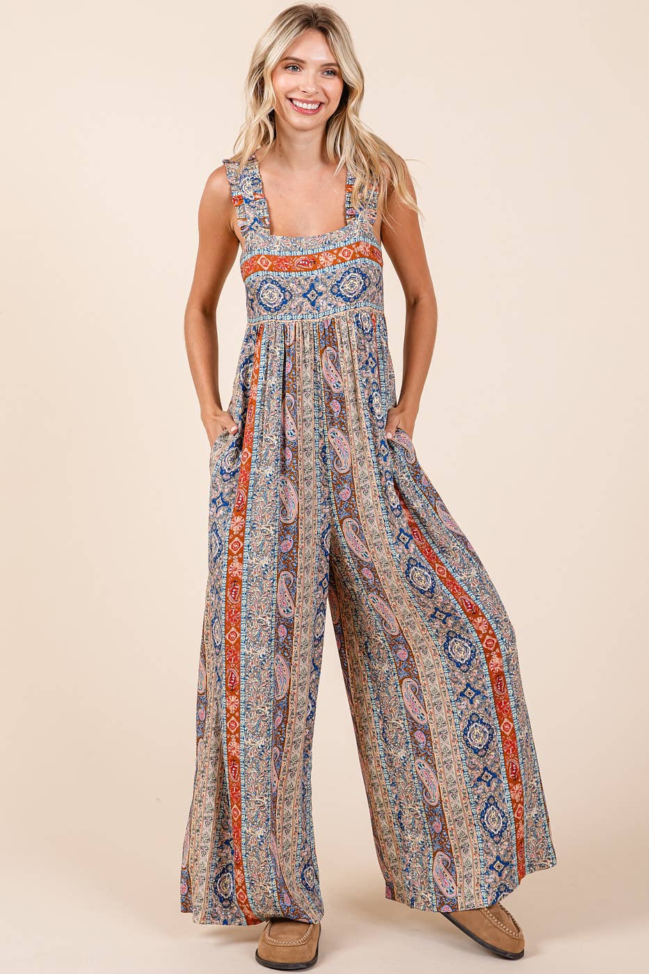 BOHO PRINT RUFFLE STRAP TIE BACK WIDE LEG JUMPSUIT / ROMPER / JUMPER