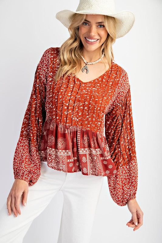 Floral printed blouse top: Rust