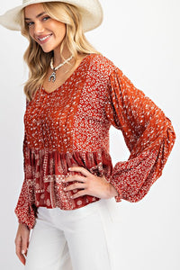 Floral printed blouse top: Rust