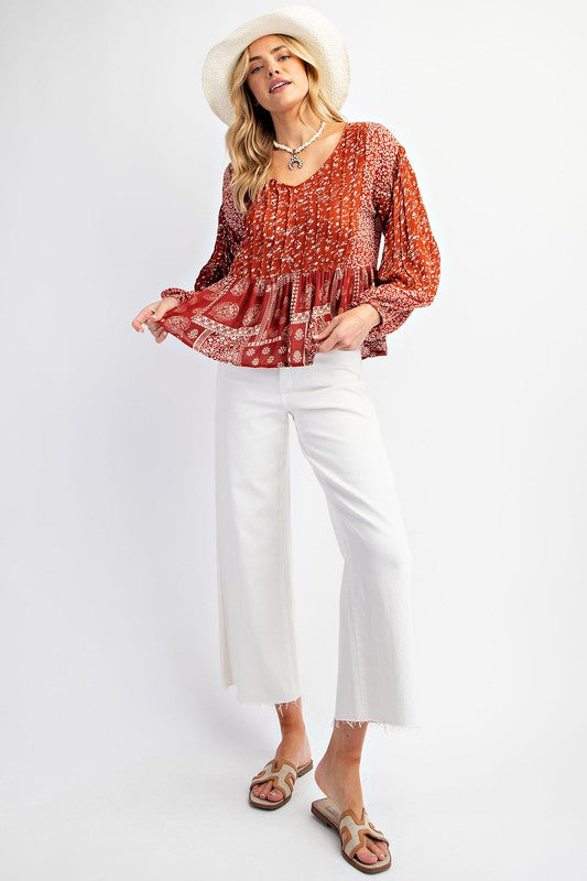 Floral printed blouse top: Rust
