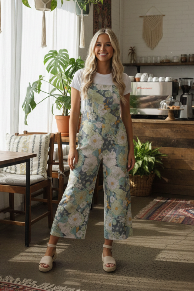 FLORAL PRINT LINEN OVERALL ROMPER WITH ELASTIC SHOULDER STRAPS: CHARCOAL/SAGE