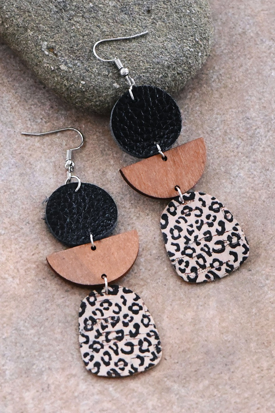 Leopard, Leather and Wooden Boho  Earring Set