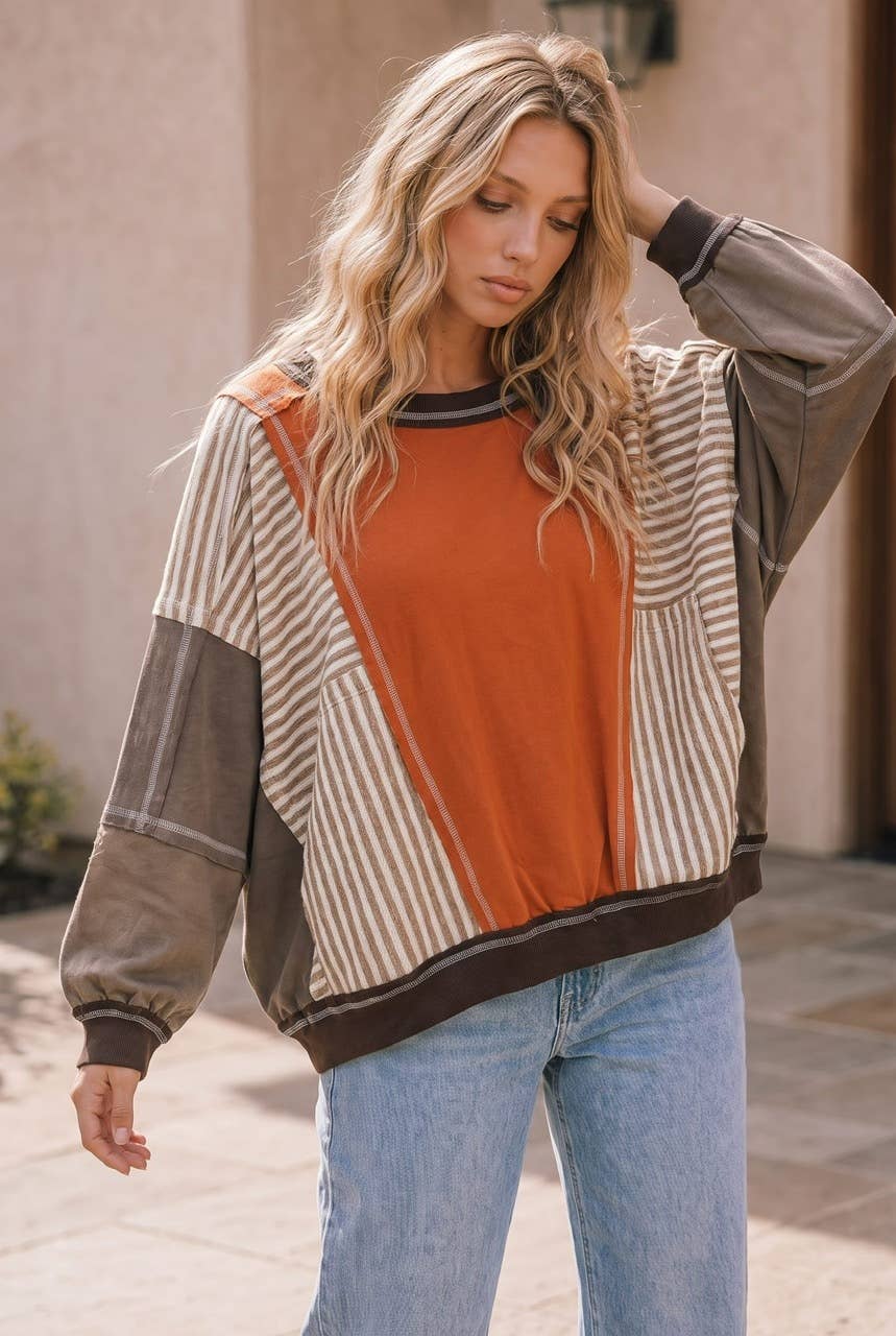 Relaxed Fit Color Block Pullover Sweater long sleeve