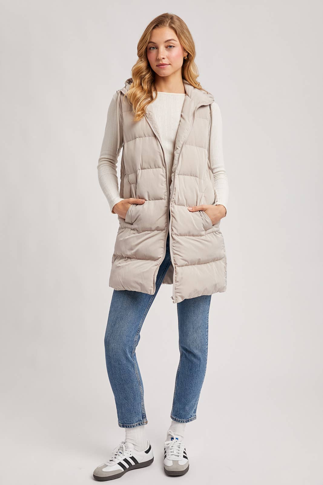 HOODED ZIPPER DOWN LONGLINE PUFFER VEST JACKET: CREAM