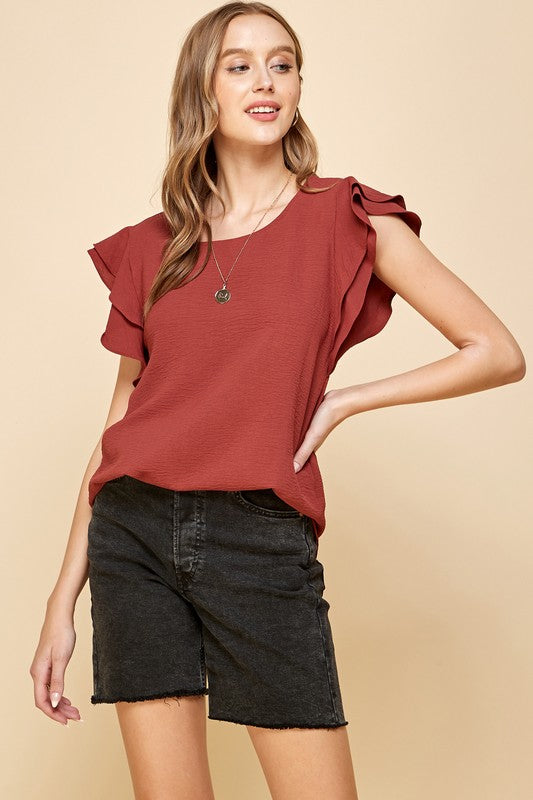 Ruffle cap sleeve blouse in rosewood