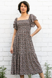 Flutter Sleeve Dress with smocked bodice floral details in black * on sale