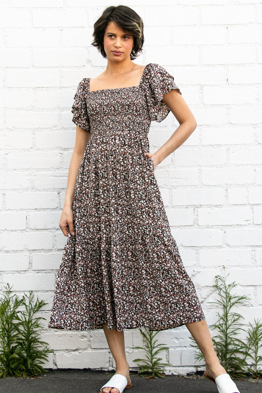 Flutter Sleeve Dress with smocked bodice floral details in black * on sale