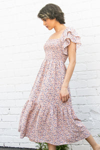 Flutter Sleeve Dress with smocked bodice floral details