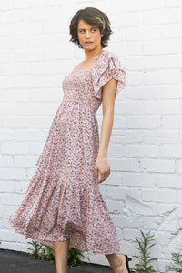 Flutter Sleeve Dress with smocked bodice floral details