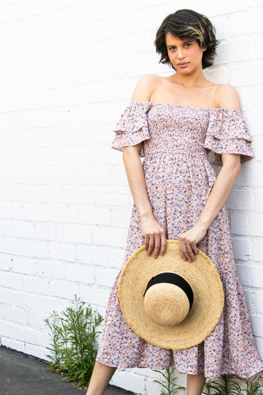 Flutter Sleeve Dress with smocked bodice floral details