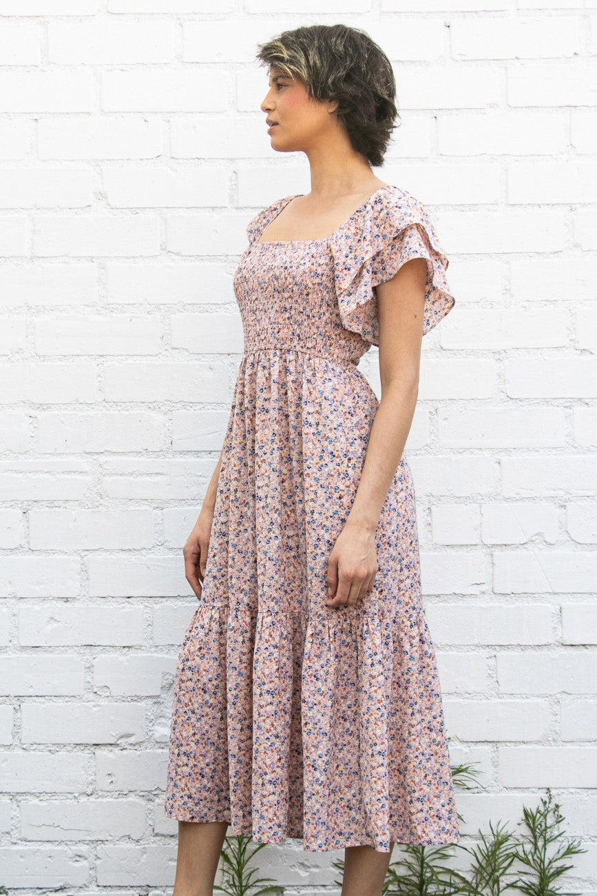 Flutter Sleeve Dress with smocked bodice floral details