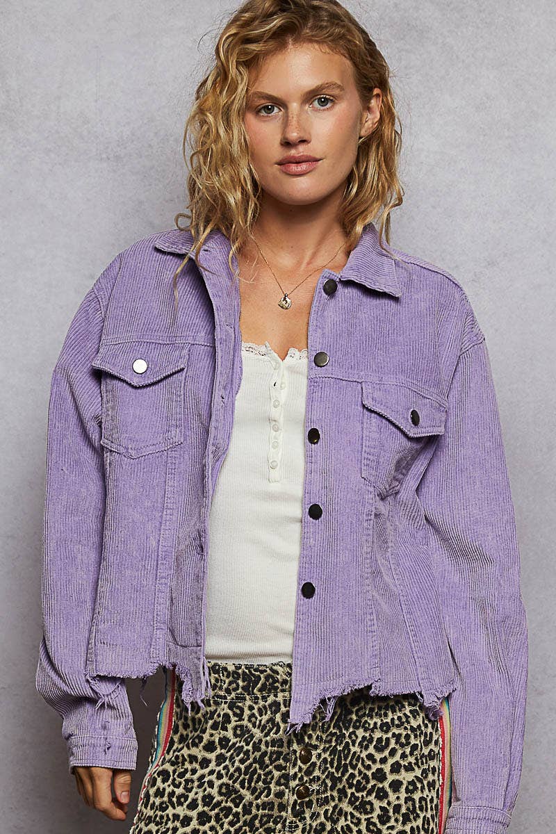 Pocket Front Button Down Corduroy Trucker Jacket: PURPLE IRIS
