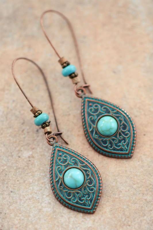 Teal bronze dangle earring