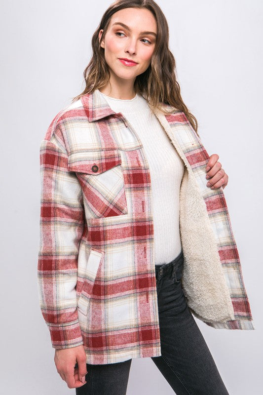 Terra Cotta Plaid flannel jacket with sherpa lining