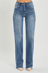 High Rise Long Straight Jeans with Distressing by Risen