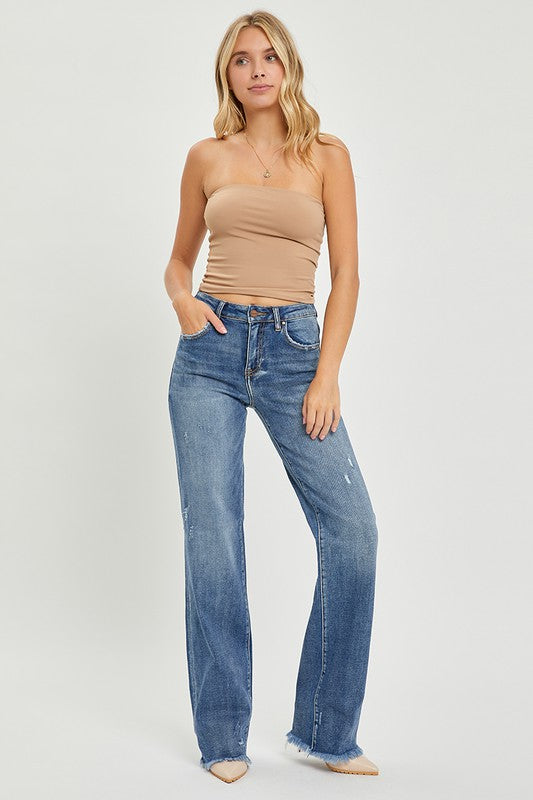 High Rise Long Straight Jeans with Distressing by Risen