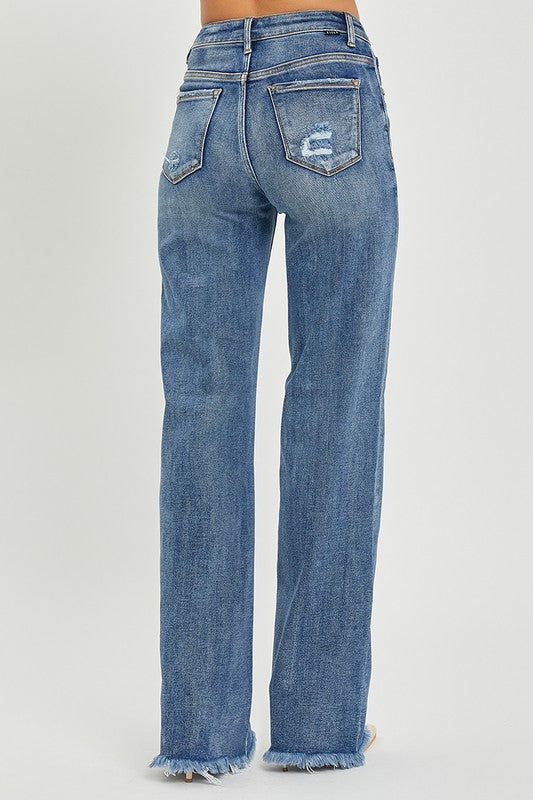 High Rise Long Straight Jeans with Distressing by Risen