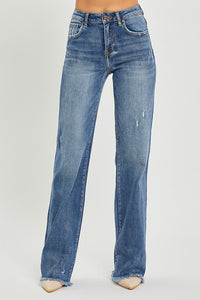 High Rise Long Straight Jeans with Distressing by Risen