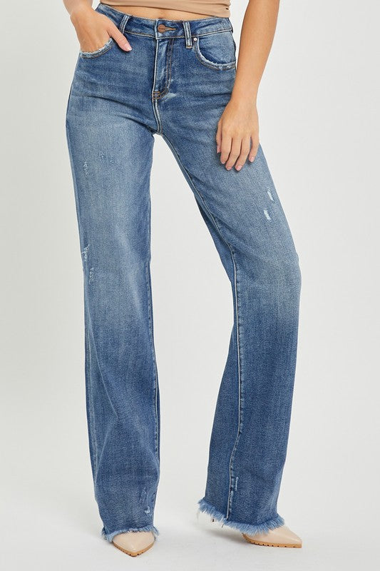 High Rise Long Straight Jeans with Distressing by Risen