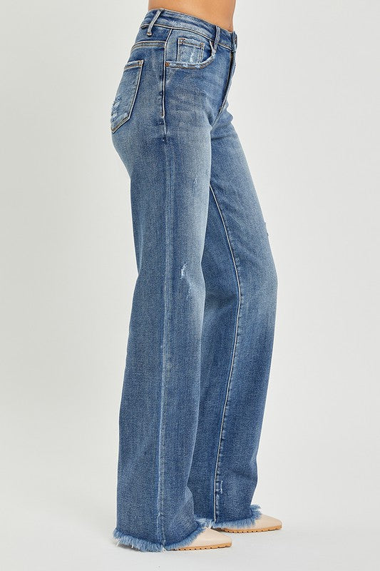 High Rise Long Straight Jeans with Distressing by Risen