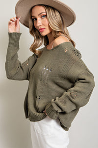 Katrina Olive Distressed Knit Long Sleeve Sweater * on sale