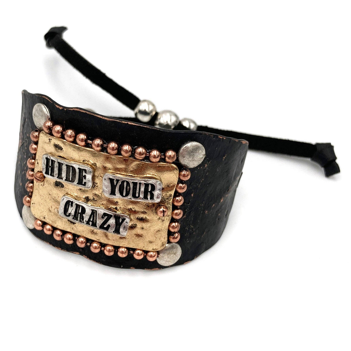 Hide Your Crazy Silver Gold Patina Western Stamped Bracelet Cuff: Brown