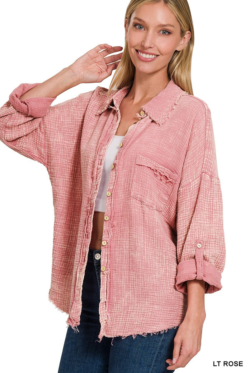 Cindy Linen Knit Button Blouse in Rose