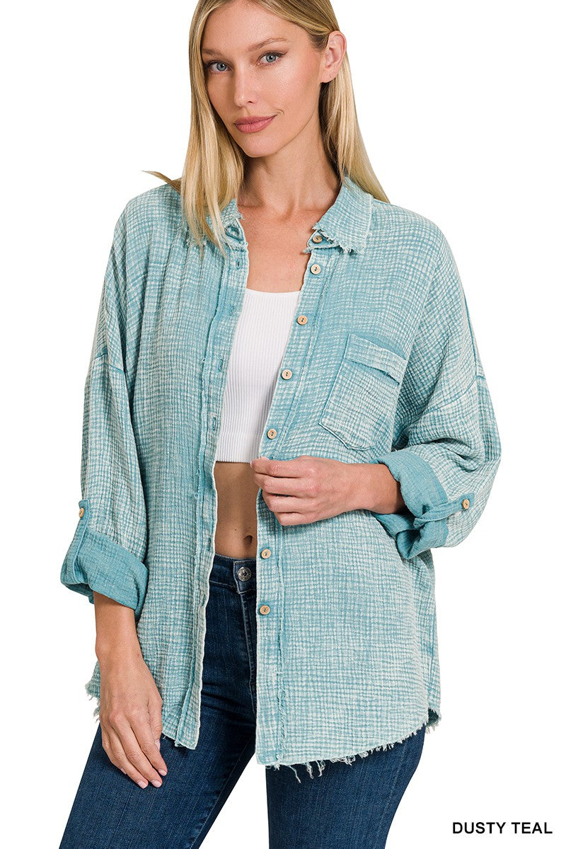 Cindy Linen Knit Button Blouse in Teal